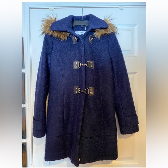 Calvin Klein Blue Faux Fur removable hood coat Size 2 - Picture 1 of 8
